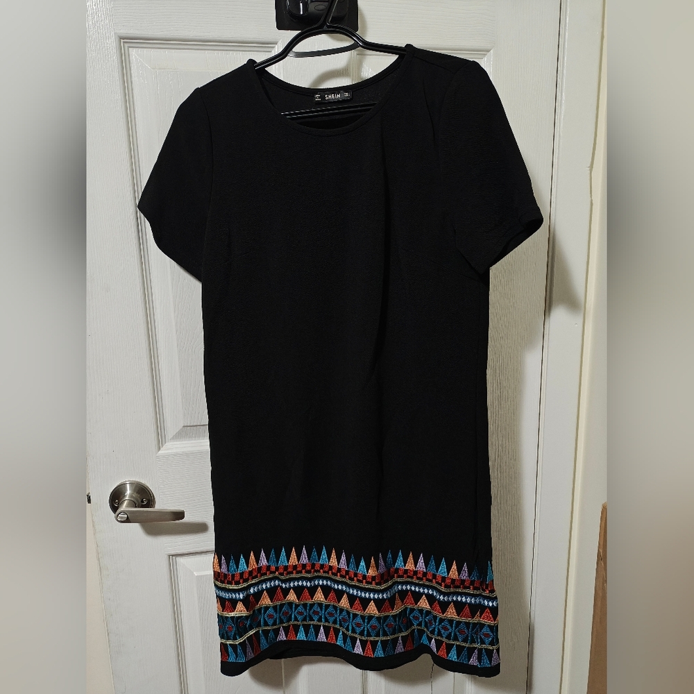 SHEIN Black Dress with Colorful Geometric Embroidered Hem